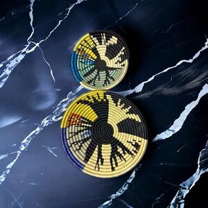 Set of 2 Handmade Rwandan Artist African Vibrant Heavy Fiber Coil Bowls 12” & 8”